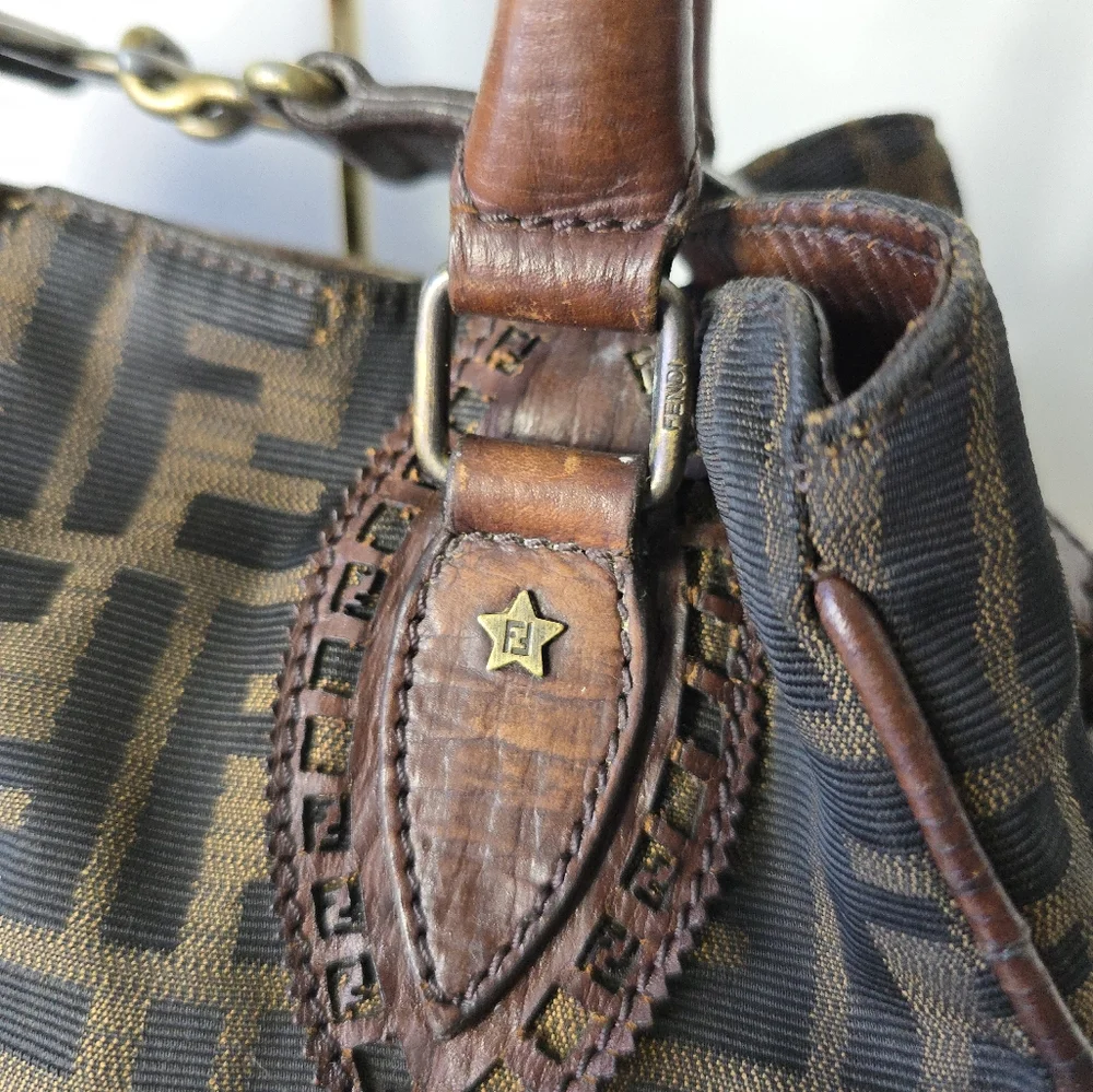 FENDI Zucca Etnico Handbag Tote Bag Nylon Canvas Leather Khaki Dark Brown - Picture 4 of 16